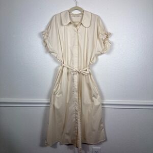 MEIMEIJ Cream Midi Dress with Tie Waist and Puff Sleeve Peter Pan Collar
